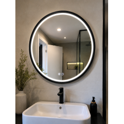 Oglindă rotundă LED 60 cm cu ramă neagră touch și dezaburire A-26